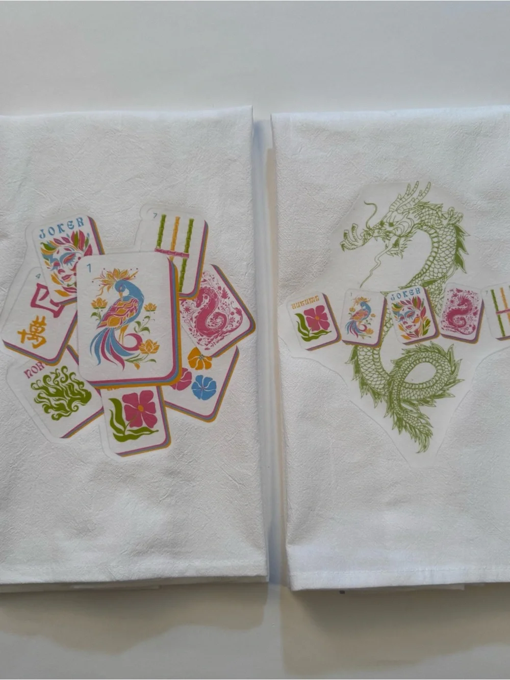 Mahjong White Tea Towels with Colorful Mahjong Tile and Green Dragon Prints